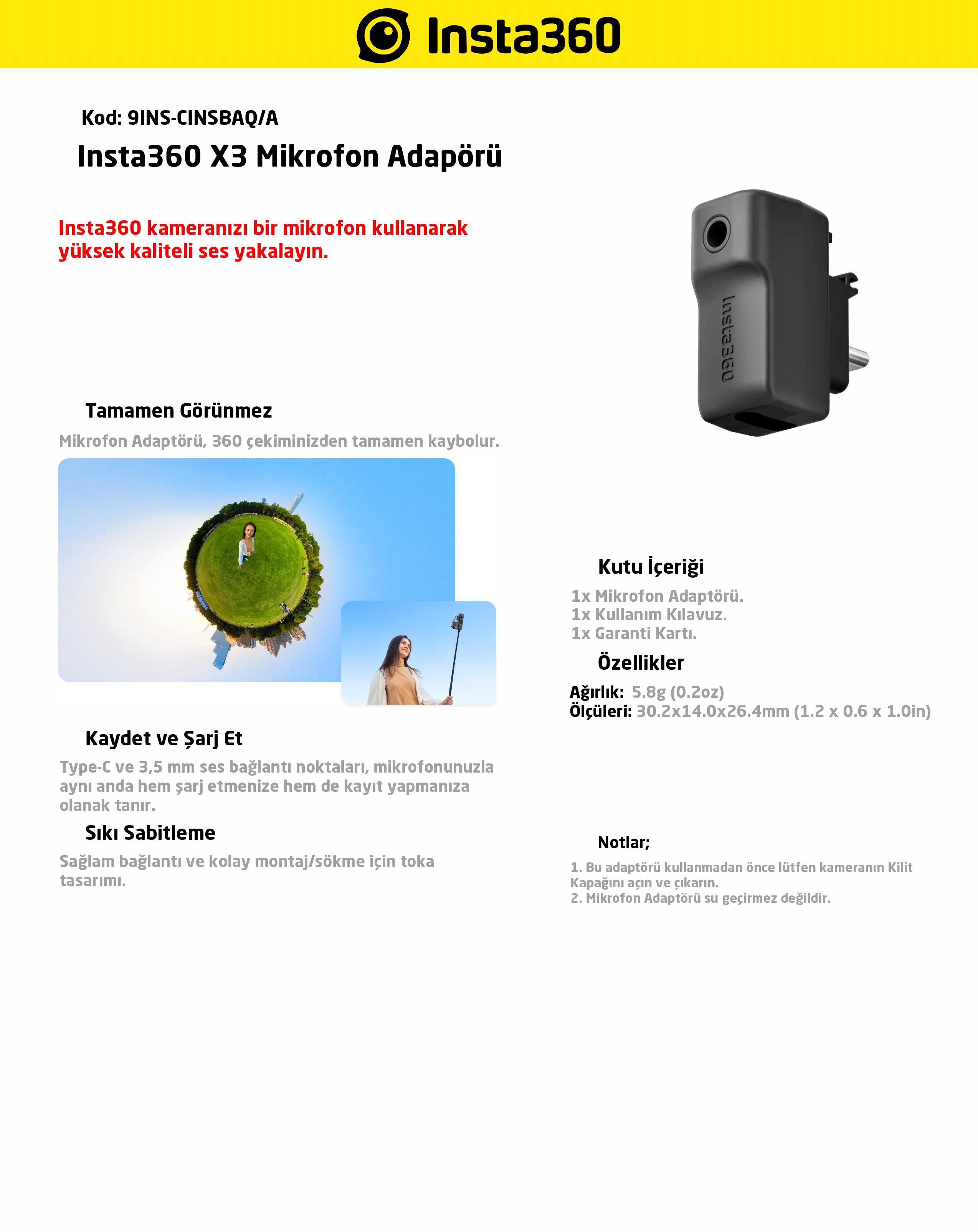 Insta360 X3 Mikrofon Adaptörü